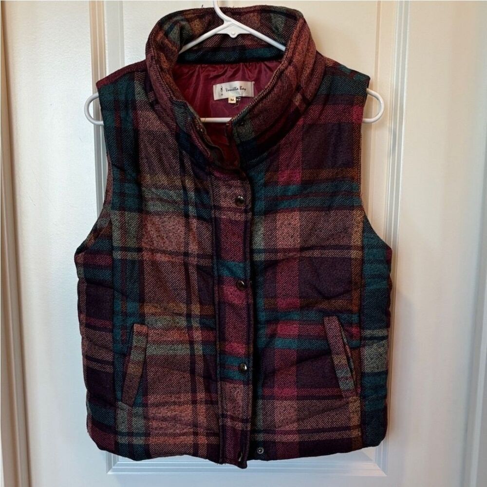 Vanilla Bay Womens Plaid Puffer Vest Size M Quilted Fleece Snap Front Jacket